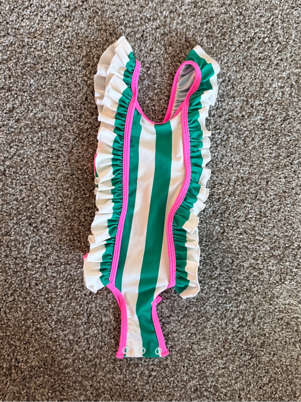 SweetHoney Green and White Striped One-Piece with Pink Ruffle Trim